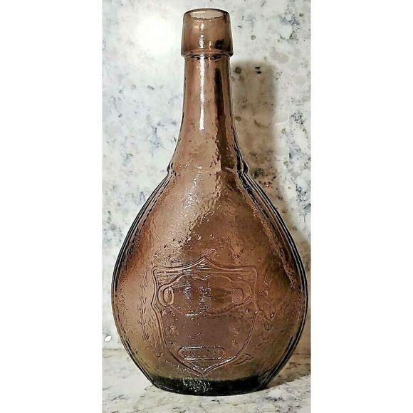 Wheaton N J Frosted Glass‎ Bottle Union Clasped Hands Dove Shield 9 1/8” Purple - Picture 1 of 6